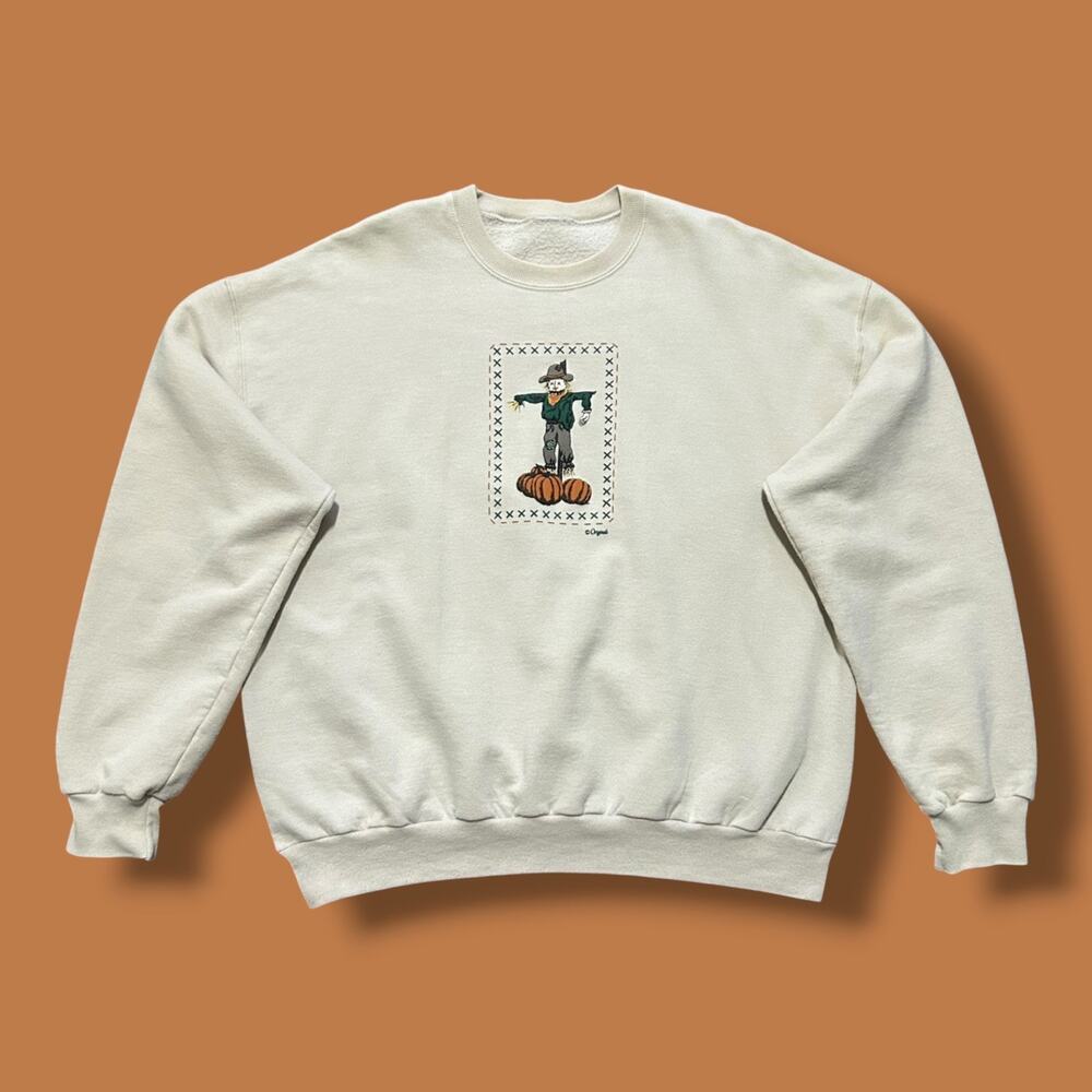Vintage Scarecrow Sweatshirt Halloween Crewneck 80s 90s Fall Autumn Beige XL